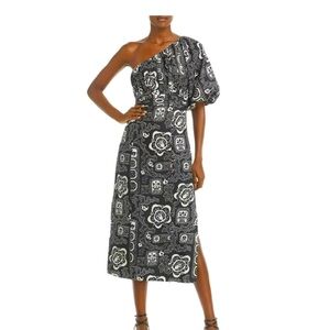 NWT Rhode Chantelle One Shoulder Pattern Linen Midi Puff Sleeve Dress 4 Black